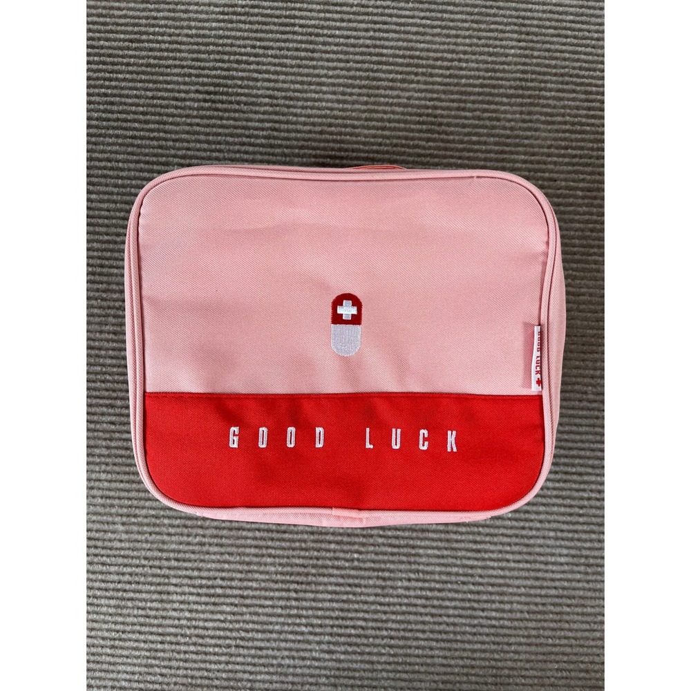 Good Luck Pink Canvas Travel Toiletry Organizer Bag Pill Embroidery Red Accent
